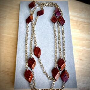 Vintage Gold Tone Flapper Length Infinity Wood Station Necklace